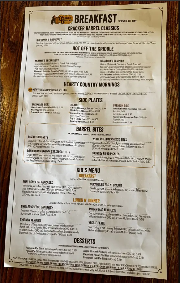 Cracker Barrel Menu USA