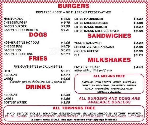 Five Guys Menu USA