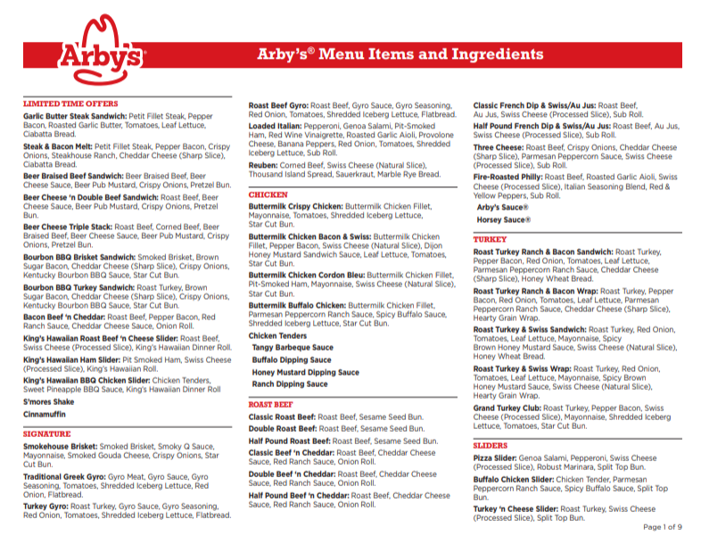 arbys menu usa