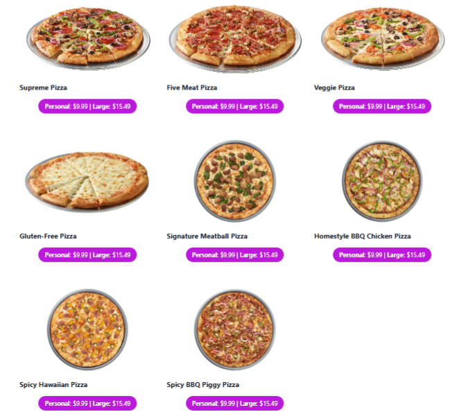 Chuck E. Cheese Menu