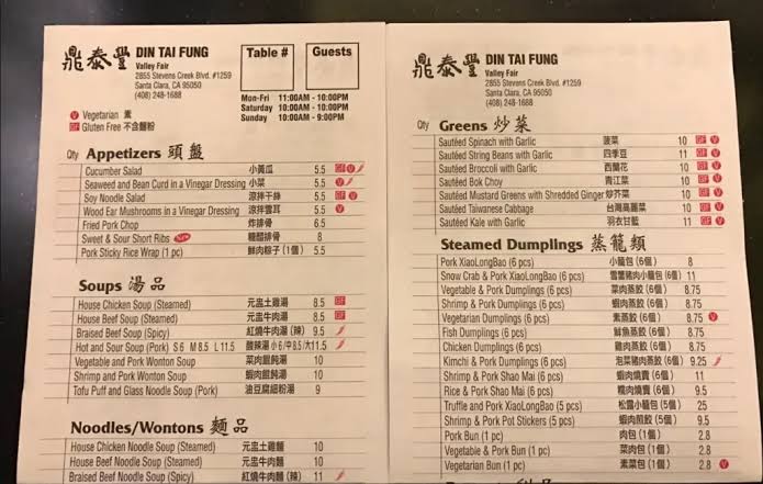 Din Tai Fung Menu