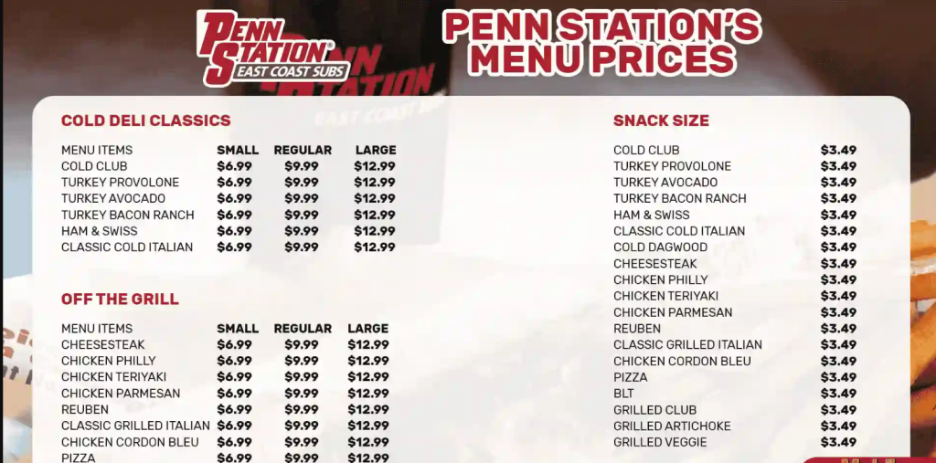 Penn Station East Coast Subs Menu 