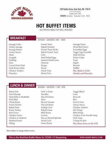 Shady Maple Smorgasbord Menu USA